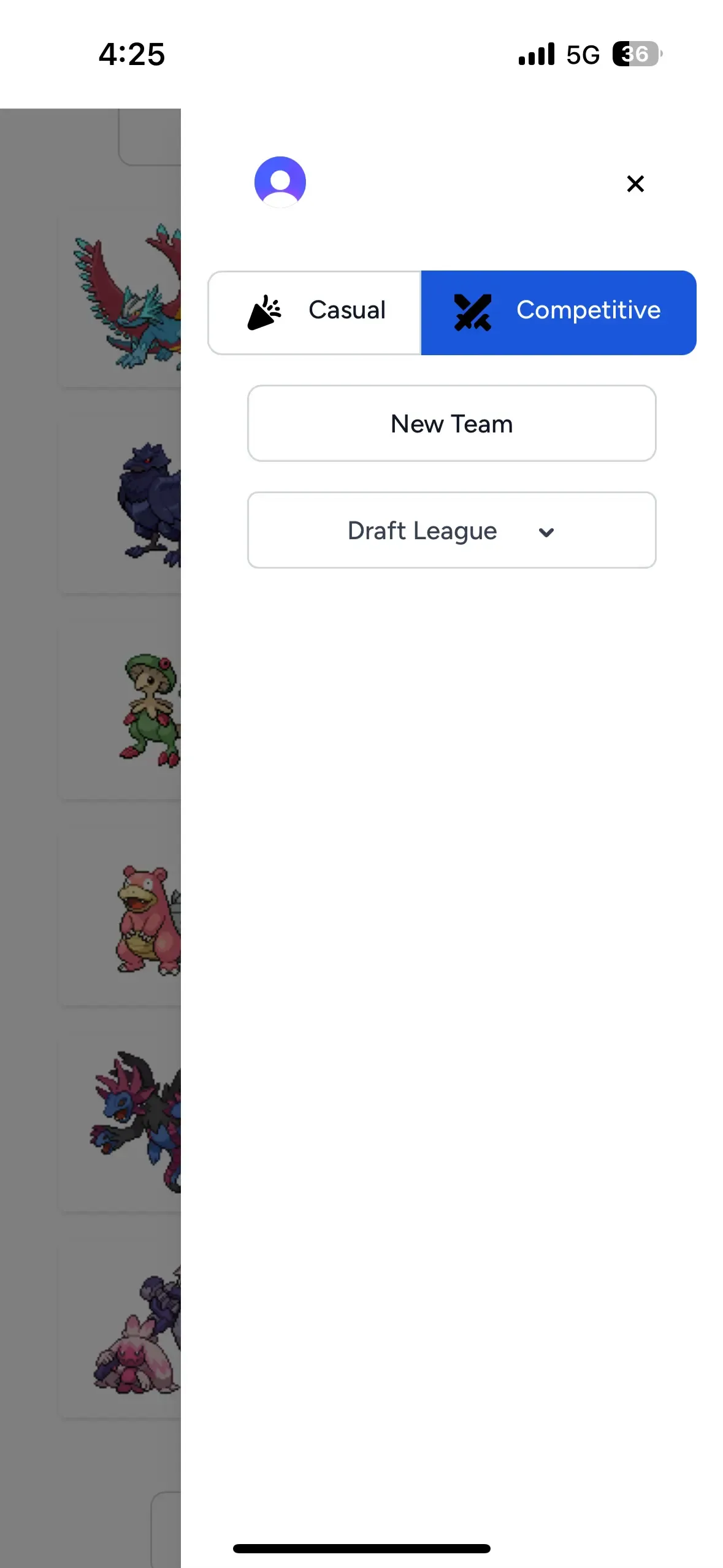 Hamburger menu showing game modes, team options, and account settings