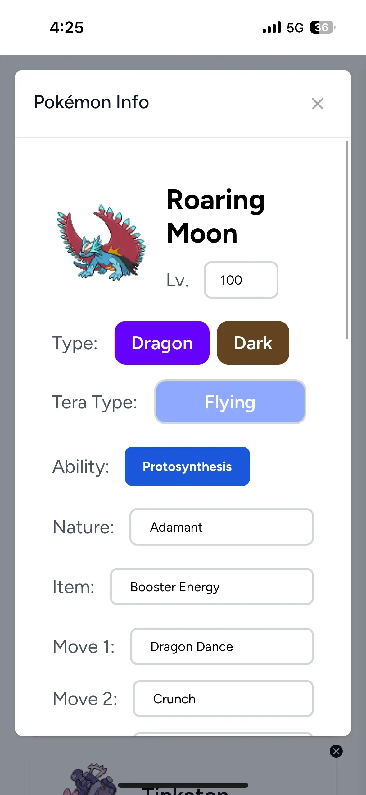 Pokémon details modal showing stats and moves