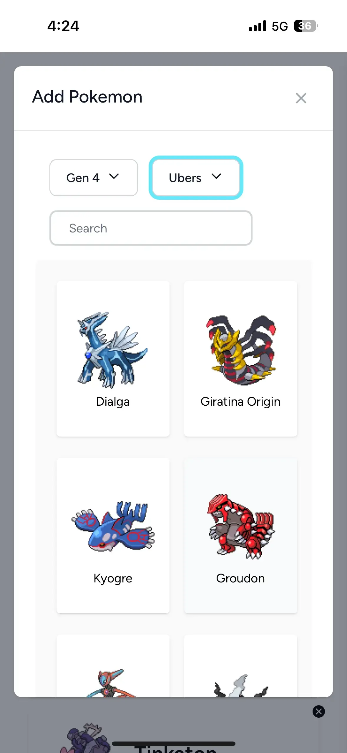 Full-screen Add Pokémon modal with search and filters