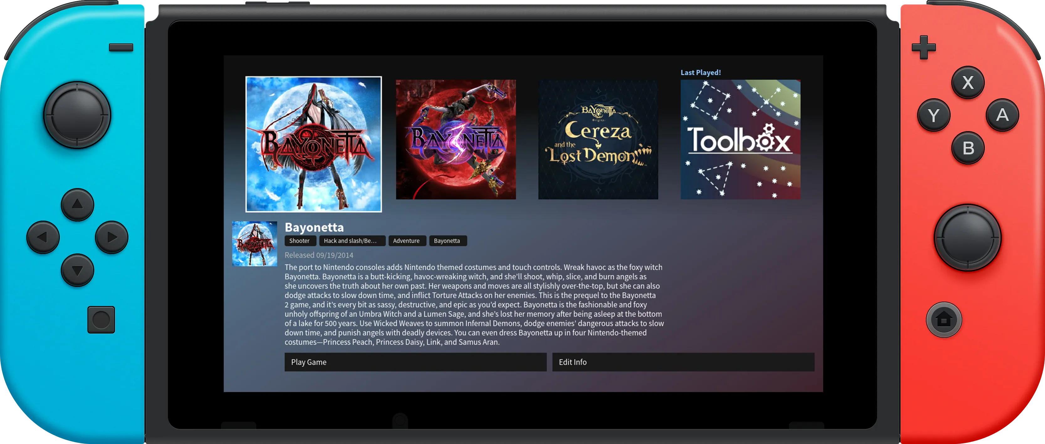 Nintendo Switch mockup showing the completed rich-details interface